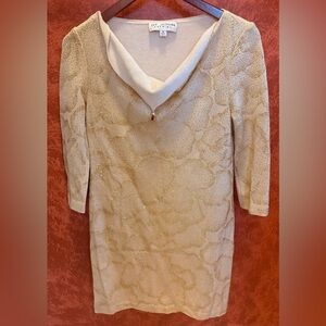 St. John Evening Gold Shimmer Mini Dress, Size 4. Draped cowl neckline.